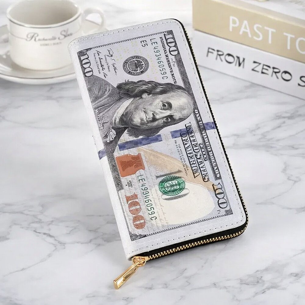 Money Print Wallet $100 Bill Zip Around Clutch Card Organizer Unisex - Picture 3 of 7